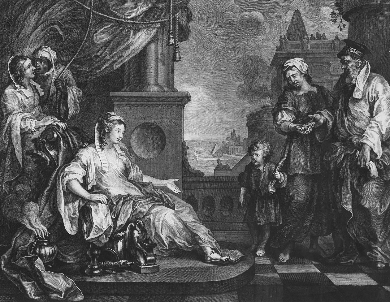 Moses förde till Faraos dotter, ca 1752 (gravyr) av William (after) Hogarth