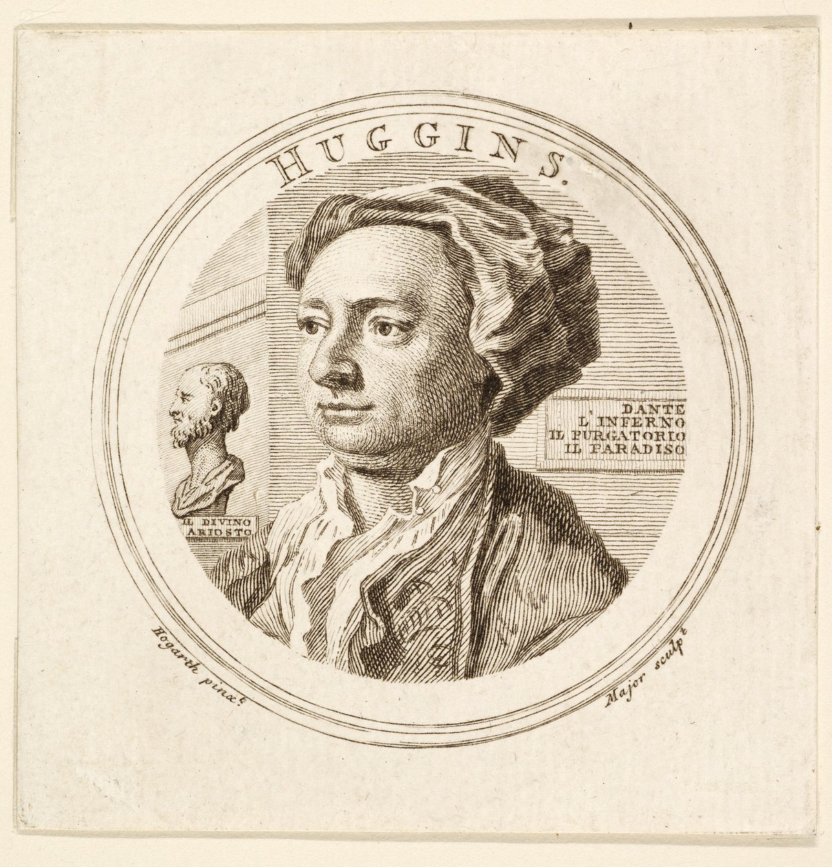 Porträtt av William Huggins, pub. 1760 (gravyr) av William (after) Hogarth