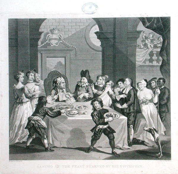 Sancho vid högtiden svält av hans läkare, graverad av Thomas Cook (1744-1818) (gravyr) av William (after) Hogarth