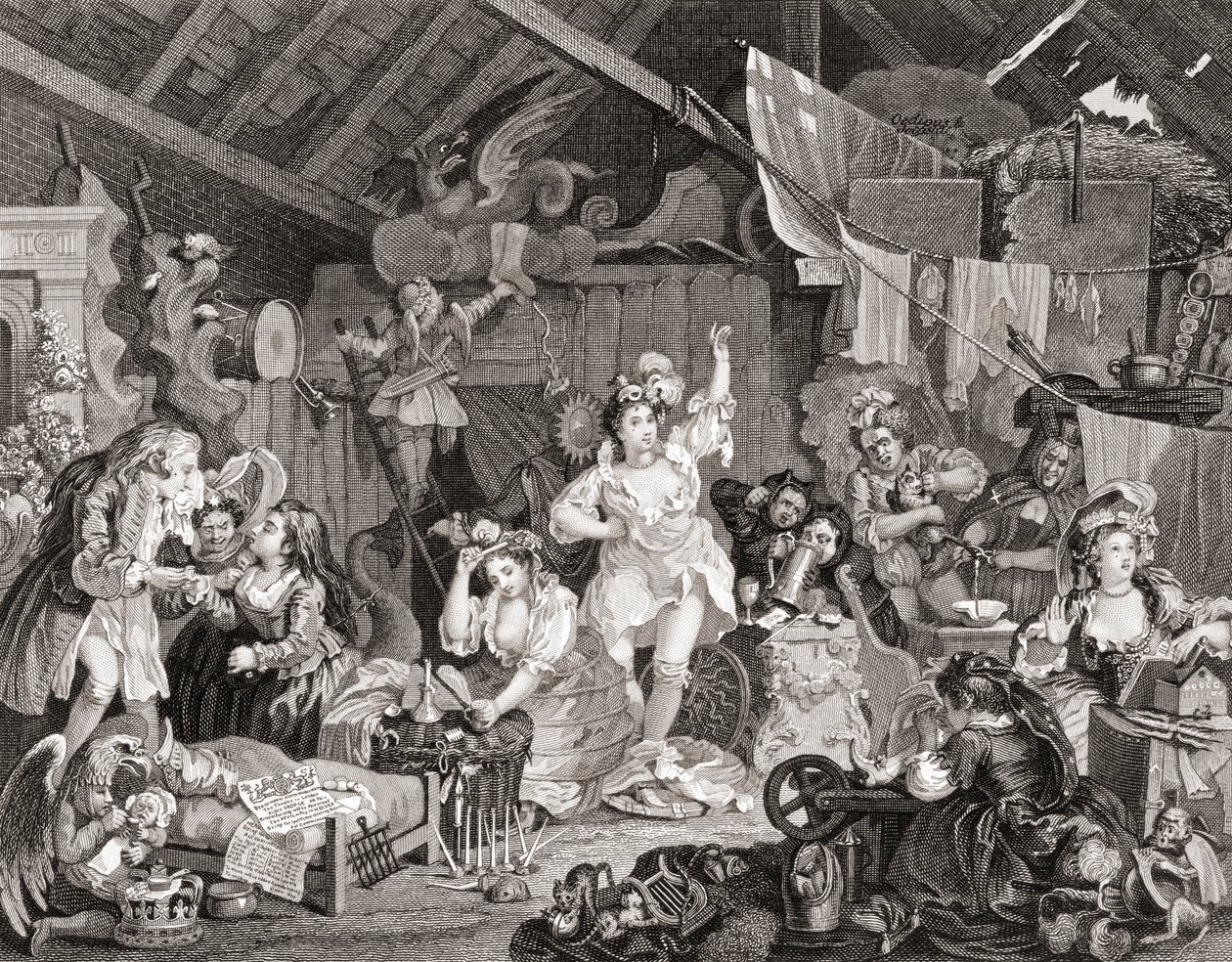 Strolling Players repeterar i en lada, graverad av G Presbury, från The Works of Hogarth publicerad London 1833 (s/v gravyr) av William (after) Hogarth