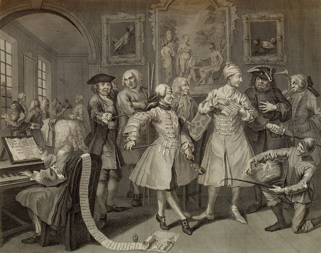 Tom Rakewell omgiven av konstnärer och professorer, plåt II från The Rake