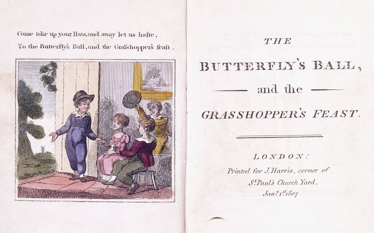 Illustrerad frontispice från barnboken "Fjärilsbollen och gräshoppans kalas" av William Roscoe (1753-1831) av William (after) Mulready