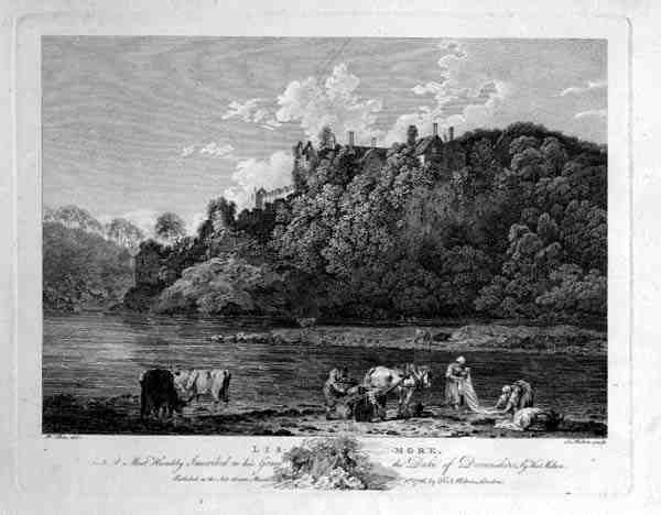 Vy över Lismore Castle, County Waterford, Irland, graverad av Thomas Milton (1743-1827) 1786 (gravyr) av William (after) Pars