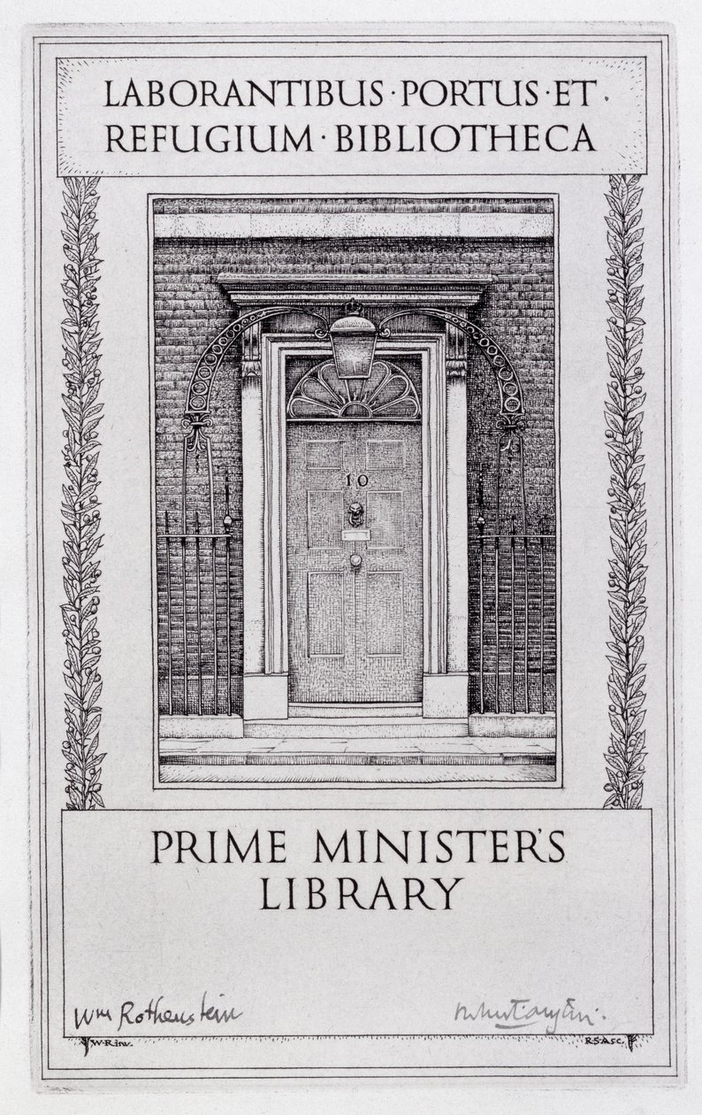 Boktavla för premiärministerns bibliotek, graverad av Robert Sargent Austin (1895-1973) (gravyr) av William (after) Rothenstein