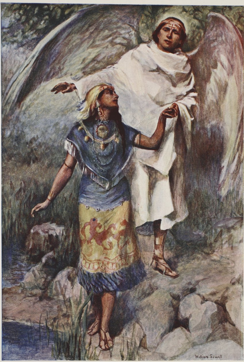 De gamla gudarna besegrade, en prinsessa av det forntida Mexiko visas ankomsten av en ny tro, från "The Book of Myths" av Amy Cruse av William (after) Sewell