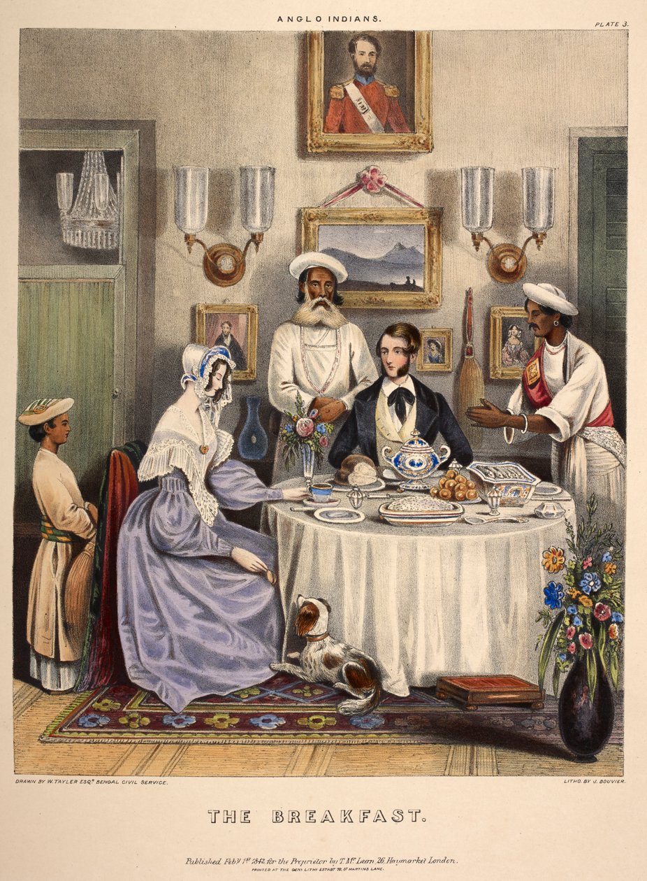 Frukosten. Ett ungt gift par (en tjänsteman i Ostindiska kompaniet och hans fru) äter frukost med stekt fisk, ris och Sylhet-apelsiner, med tjänstemän på plats. Litografi av J. Bouvier. av William (after) Tayler