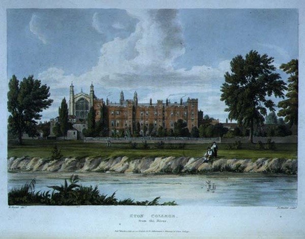 Eton College från floden, från "History of Eton College", en del av "History of the Colleges", graverad av Joseph Constantine Stadler (fl.1780-1812) pub. av R. Ackermann av William (after) Westall