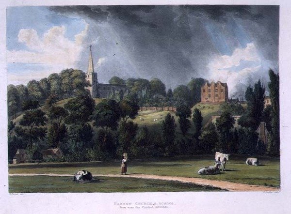 Harrow Church and School från nära Cricket Grounds, från "History of Harrow School", en del av "History of the Colleges", graverad av Joseph Constantine Stadler (fl.1780-1812) pub. av R. Ackermann av William (after) Westall