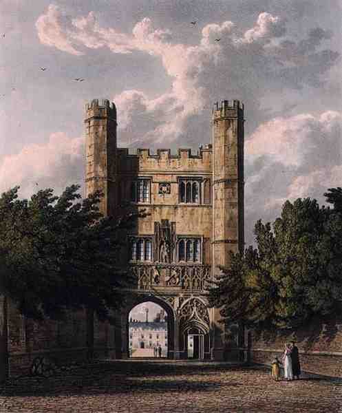 Trinity Gate, Cambridge, från "The History of Cambridge", graverad av Joseph Constantine Stadler (fl.1780-1812), pub. av R. Ackermann av William (after) Westall