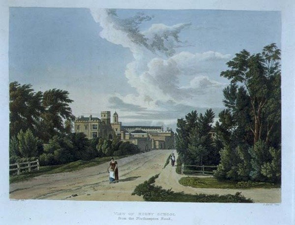 Vy över Rugby School från Northampton Road, från "History of Rugby School", en del av "History of the Colleges", ingraverat av Daniel Havell (1785-1826) pub. av R. Ackermann av William (after) Westall