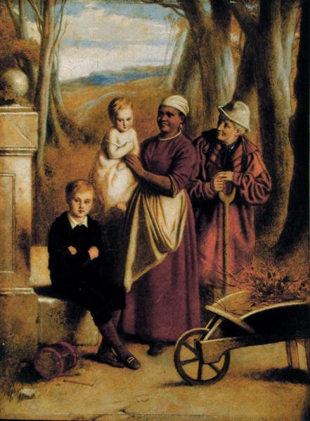 Två barn, sjuksköterska och gammal man (olja på panel) av William (attr. to) Mulready