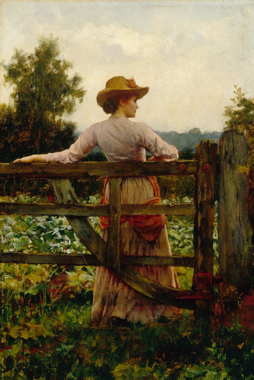 The Trysting Place, kvinna som lutar sig mot porten (olja på panel) av William A. Breakspeare