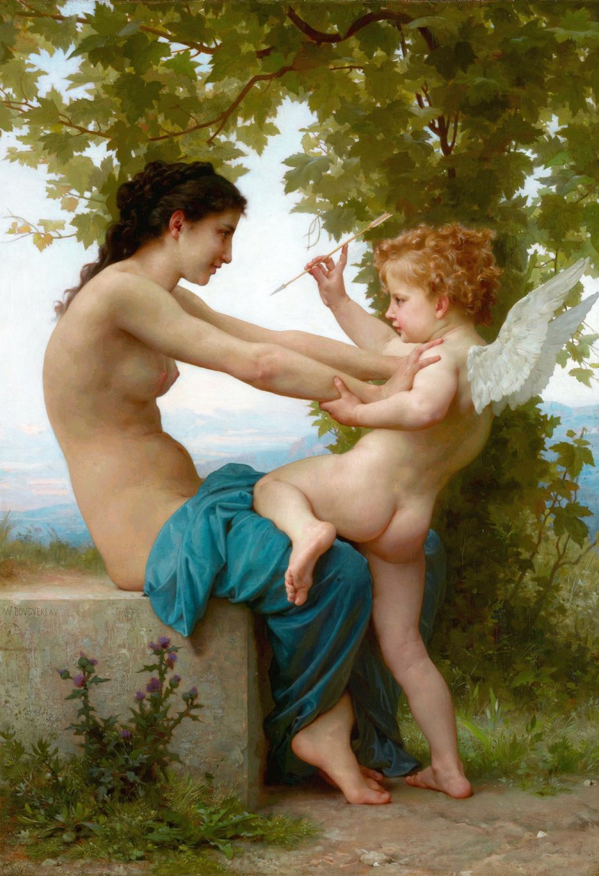 Franska: Jeune fille se défendant contre Éros En ung flicka som försvarar sig mot Eros av William Adolphe Bouguereau