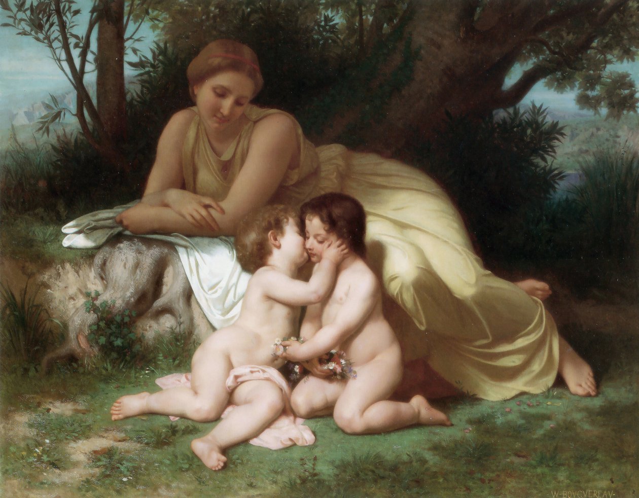 Ung kvinna betraktar två omfamnande barn av William Adolphe Bouguereau