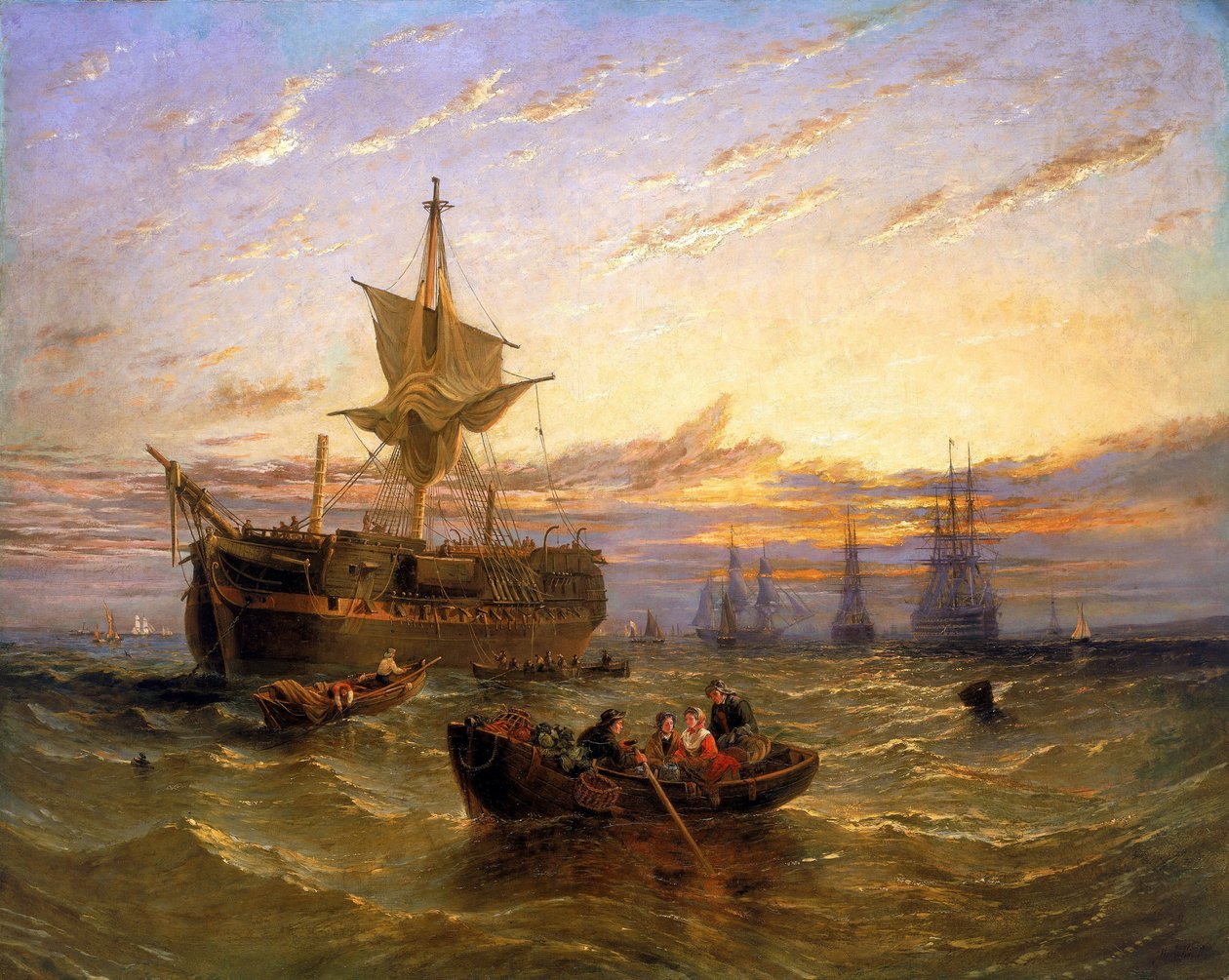 Brittiskt ostindiskt handelsfartyg på Themsen (England). Olja på duk av William Adolphus Knell (1802-1875). av William Adolphus Knell