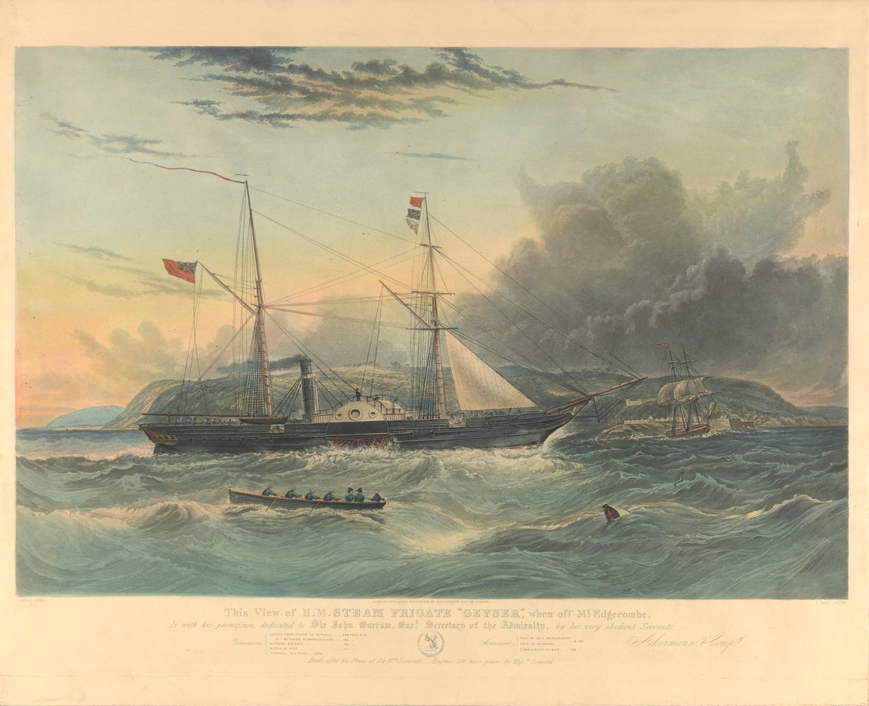 Denna vy av H.M. Steam Frigate Geyser, när den befann sig utanför Mt. Edgecombe, är... tillägnad Sir John Barrow... av William Adolphus Knell