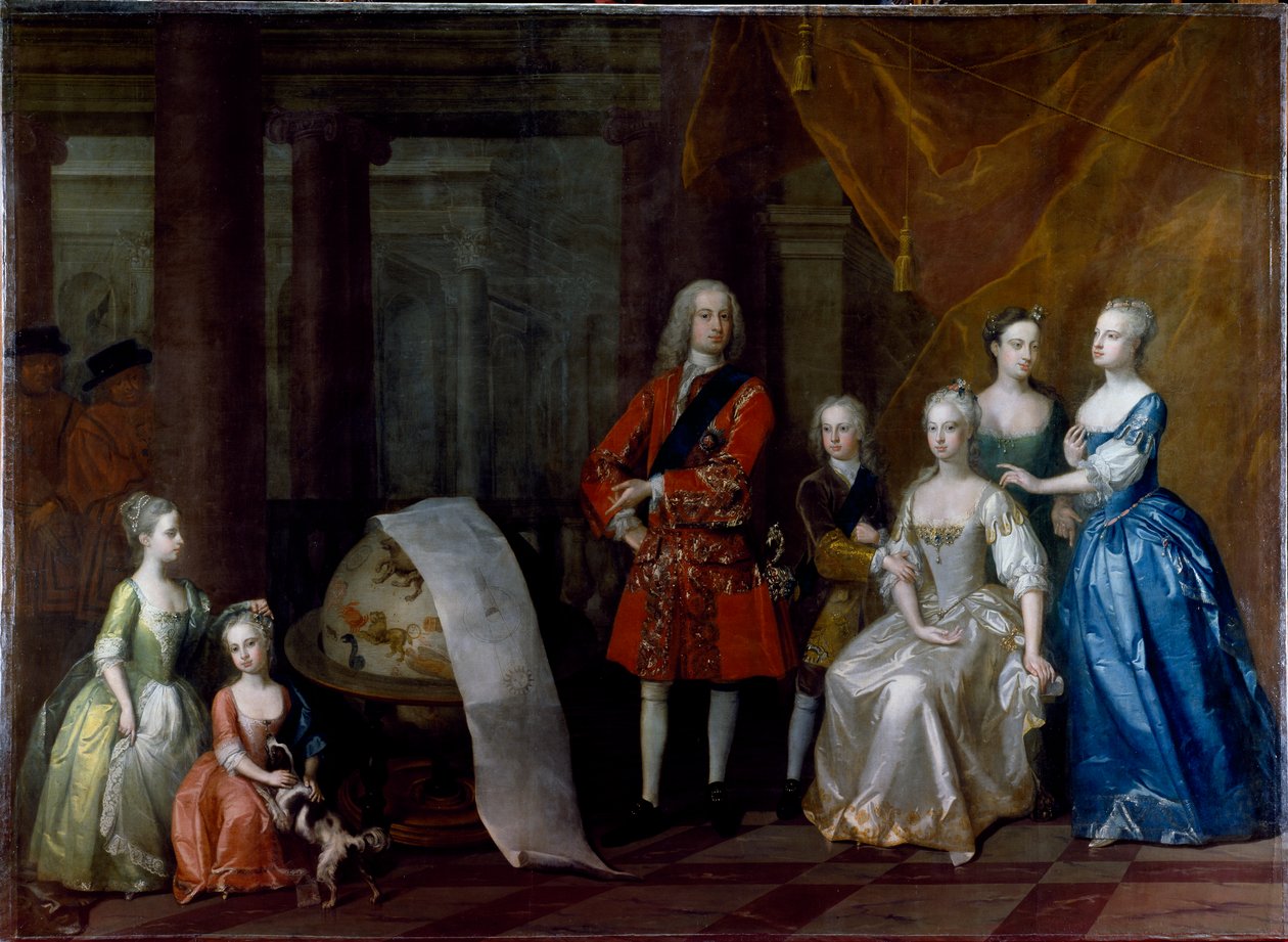 Gruppporträtt av Frederick, Prince of Wales, med sin bror hertigen av Cumberland och deras fem systrar av William Aikman