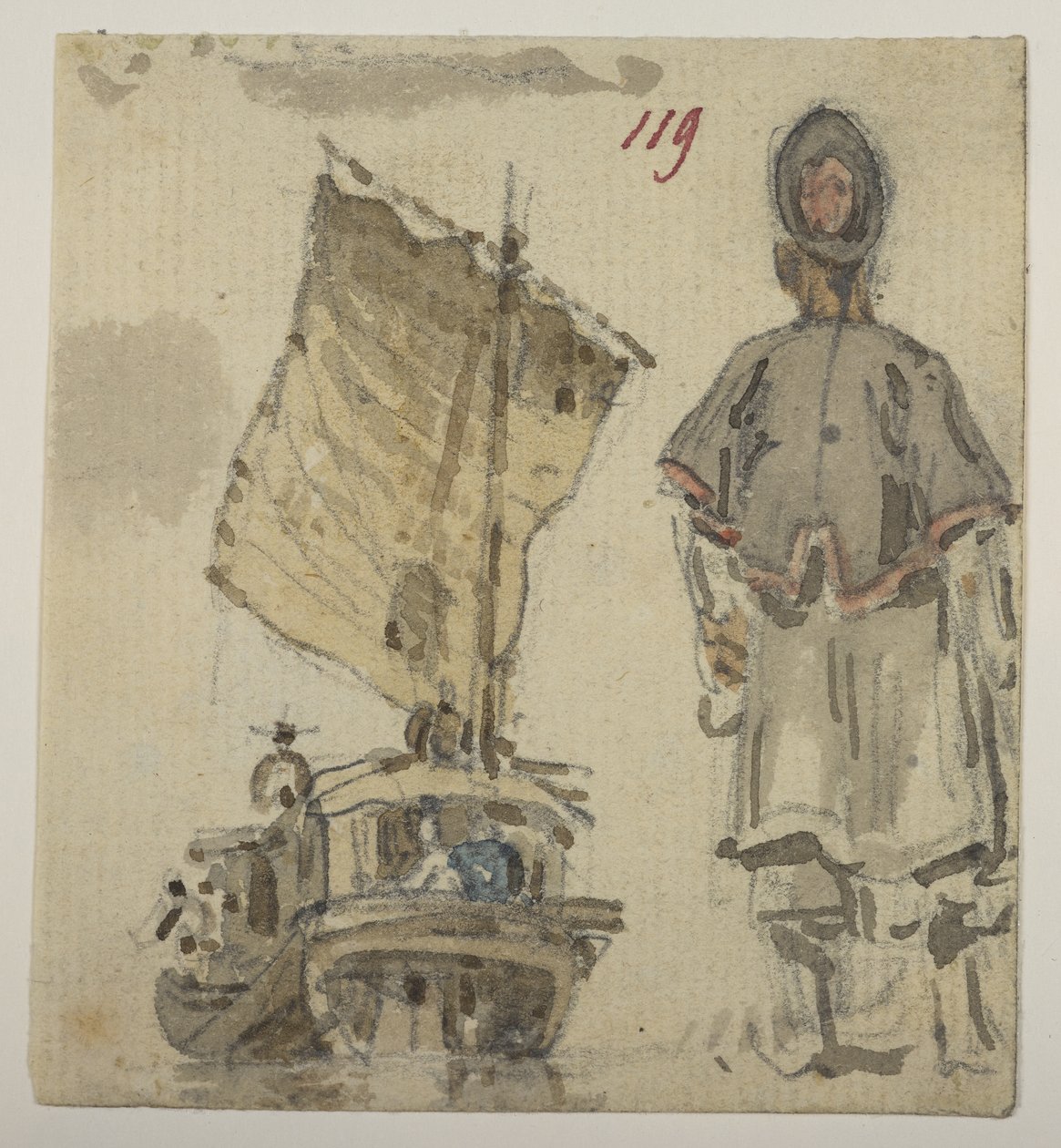 119 Båt- och figurstudier, från ett album med 372 teckningar av landskap, kustlinjer, kostymer och vardagsliv gjorda under Lord Macartneys ambassad till Kinas kejsare, mellan 1792 och 1794 (penna och akvarell på papper) av William Alexander