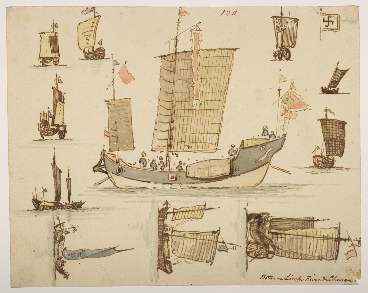 120 båtar "between Limpo River & Chusan.", från ett album med 372 teckningar av landskap, kustlinjer, kostymer och vardagsliv gjorda under Lord Macartneys ambassad till kejsaren av Kina, mellan 1792 och 1794 (penna och akvarell på papper) av William Alexander