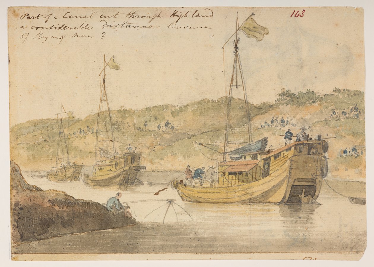 143’ En del av en kanal skar genom högt land en ansenlig sträcka. Provinsen Kyangnan.”  , från ett album med 372 teckningar av landskap, kustlinjer, kostymer och vardagsliv gjorda under Lord Macartneys ambassad till kejsaren av Kina, mellan 1792 och av William Alexander