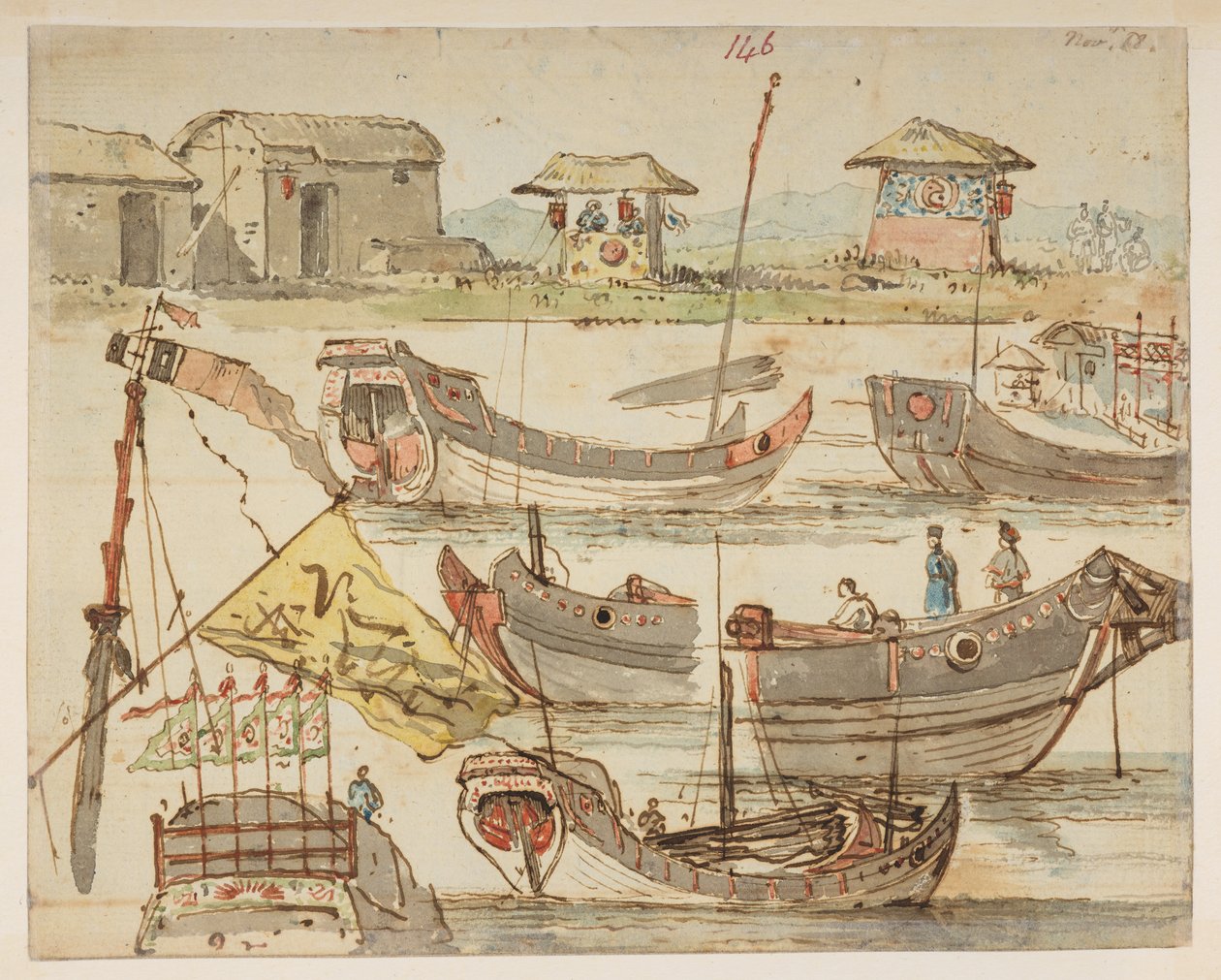 146 båtar. "18 nov."  , från ett album med 372 teckningar av landskap, kustlinjer, kostymer och vardagsliv gjorda under Lord Macartneys ambassad till Kinas kejsare, mellan 1792 och 1794 (penna och akvarell på papper) av William Alexander