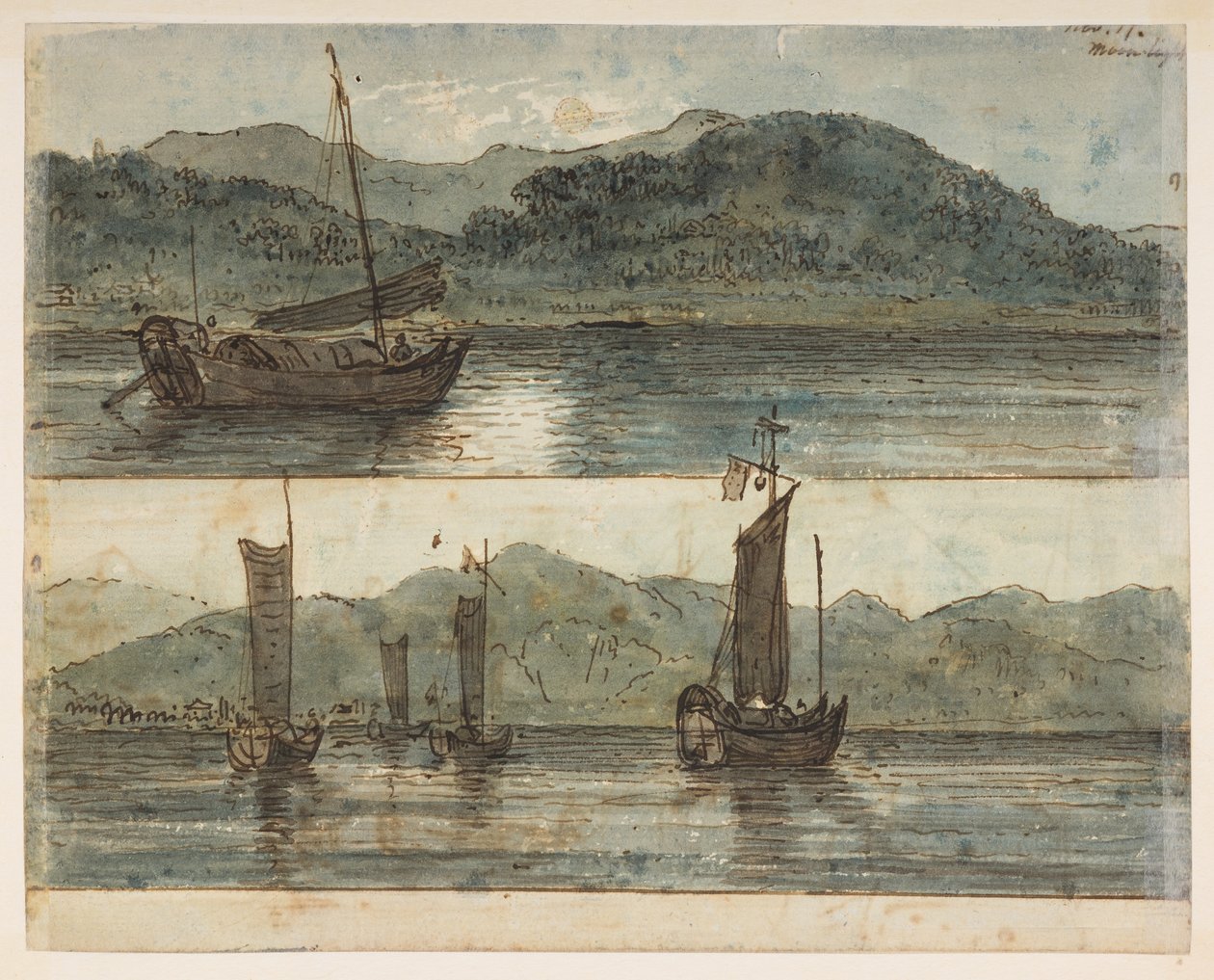 146v flodscen. "Månsken 17 nov."  , från ett album med 372 teckningar av landskap, kustlinjer, kostymer och vardagsliv gjorda under Lord Macartneys ambassad till Kinas kejsare, mellan 1792 och 1794 (penna och akvarell på papper) av William Alexander