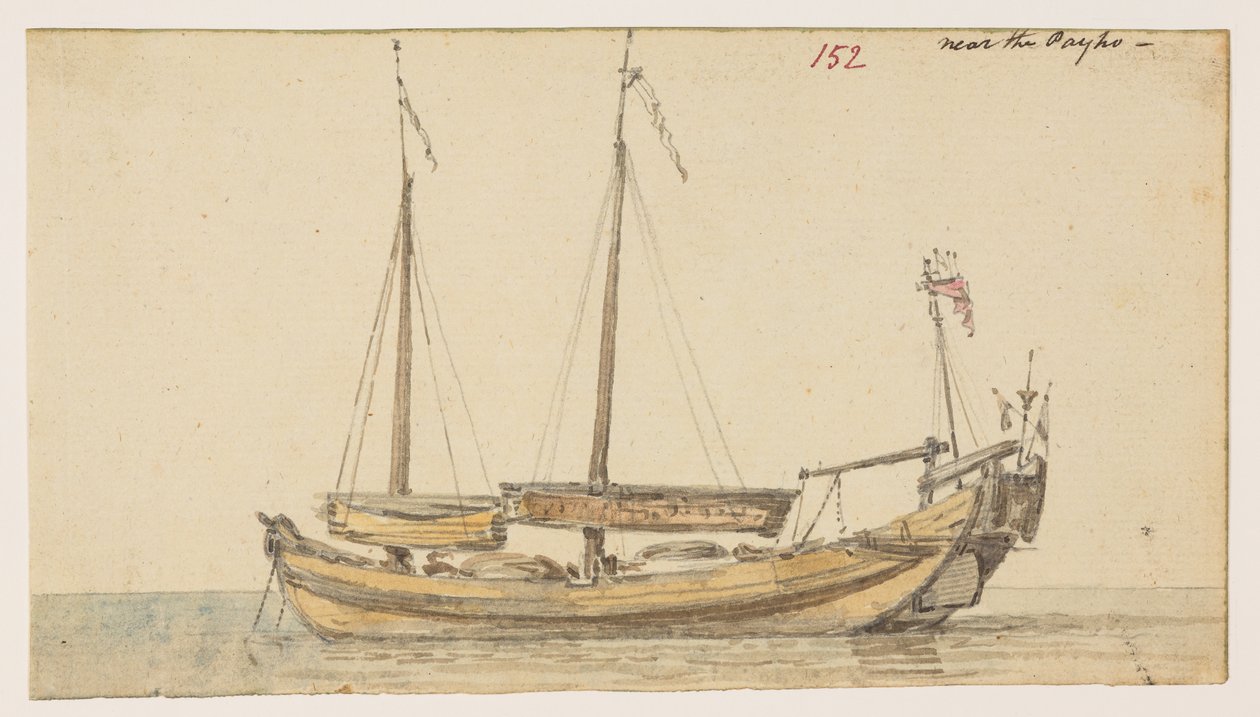 152 Båt "nära Payho."  , från ett album med 372 teckningar av landskap, kustlinjer, kostymer och vardagsliv gjorda under Lord Macartneys ambassad till Kinas kejsare, mellan 1792 och 1794 (penna och akvarell på papper) av William Alexander