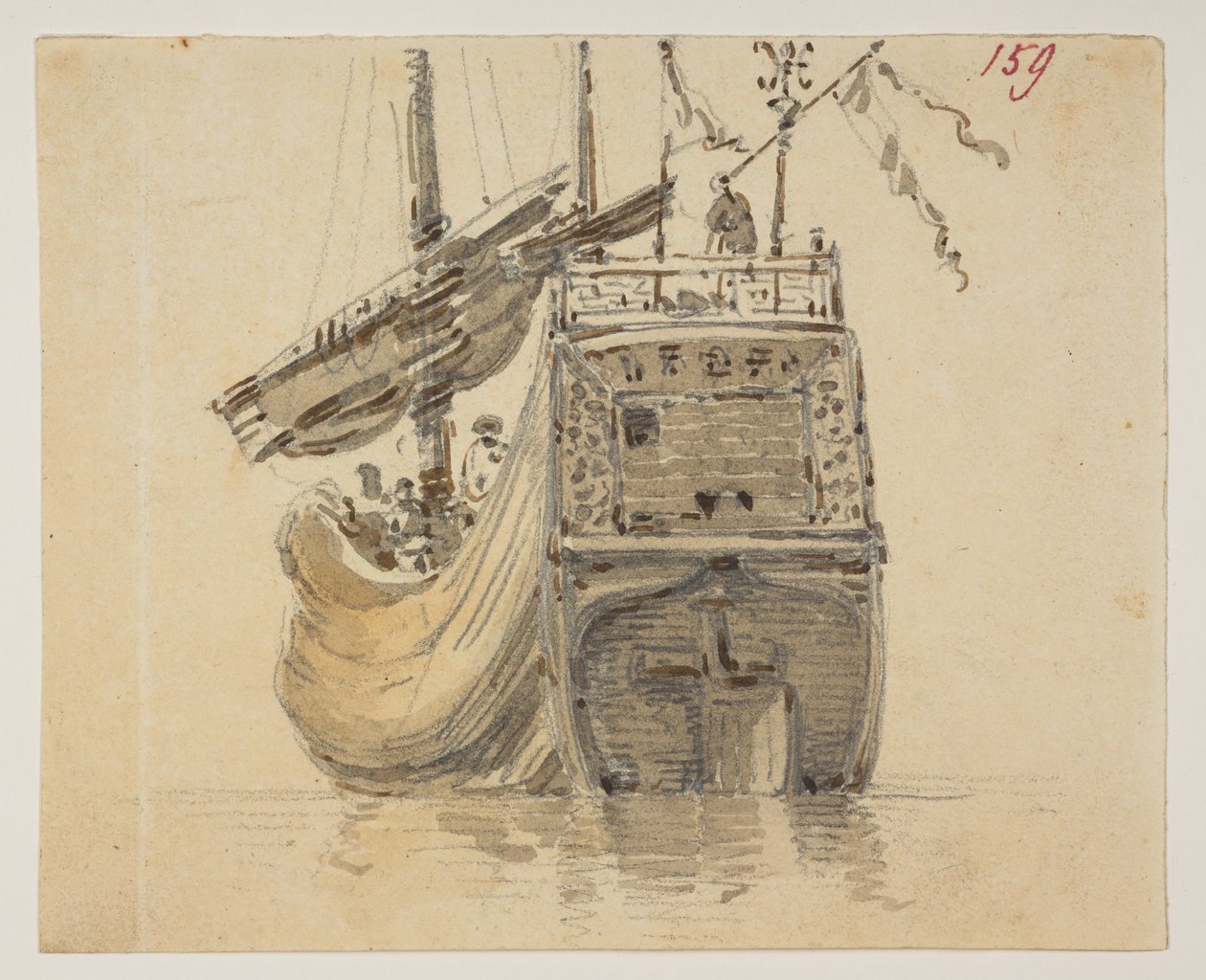 159 En båt.  , från ett album med 372 teckningar av landskap, kustlinjer, kostymer och vardagsliv gjorda under Lord Macartneys ambassad till Kinas kejsare, mellan 1792 och 1794 (penna och akvarell på papper) av William Alexander