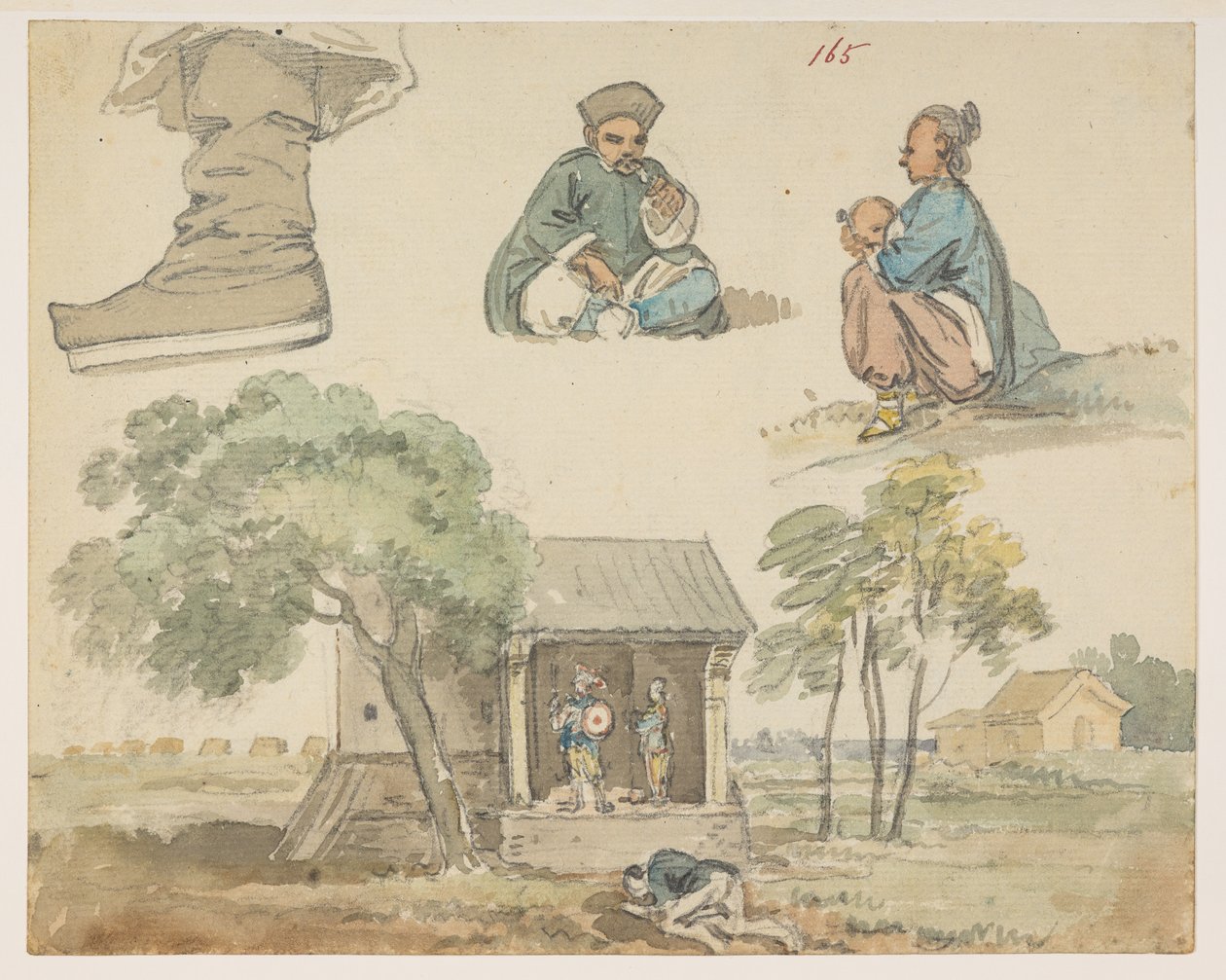 165 Figurstudier och helgedom.  , från ett album med 372 teckningar av landskap, kustlinjer, kostymer och vardagsliv gjorda under Lord Macartneys ambassad till Kinas kejsare, mellan 1792 och 1794 (penna och akvarell på papper) av William Alexander