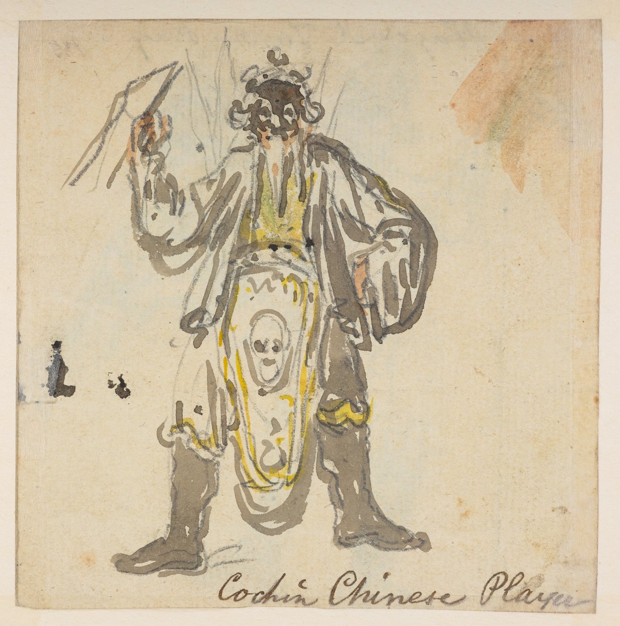 185v. Cochin kinesisk spelare. , från ett album med 372 teckningar av landskap, kustlinjer, kostymer och vardagsliv gjorda under Lord Macartneys ambassad till kejsaren av Kina, mellan 1792 och 1794 (penna och akvarell på papper) av William Alexander