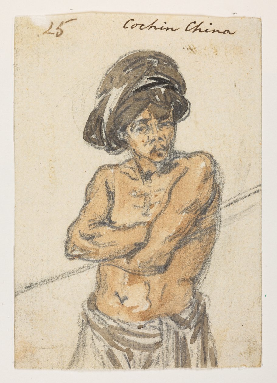 25 man från "Cochin Kina",  från ett album med 372 teckningar av landskap, kustlinjer, kostymer och vardagsliv gjorda under Lord Macartneys ambassad till Kinas kejsare, mellan 1792 och 1794 (penna och akvarell på papper) av William Alexander