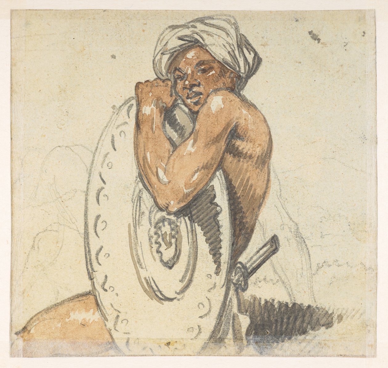 29v Ung man med sköld.  från ett album med 372 teckningar av landskap, kustlinjer, kostymer och vardagsliv gjorda under Lord Macartneys ambassad till Kinas kejsare, mellan 1792 och 1794 (penna och akvarell på papper) av William Alexander