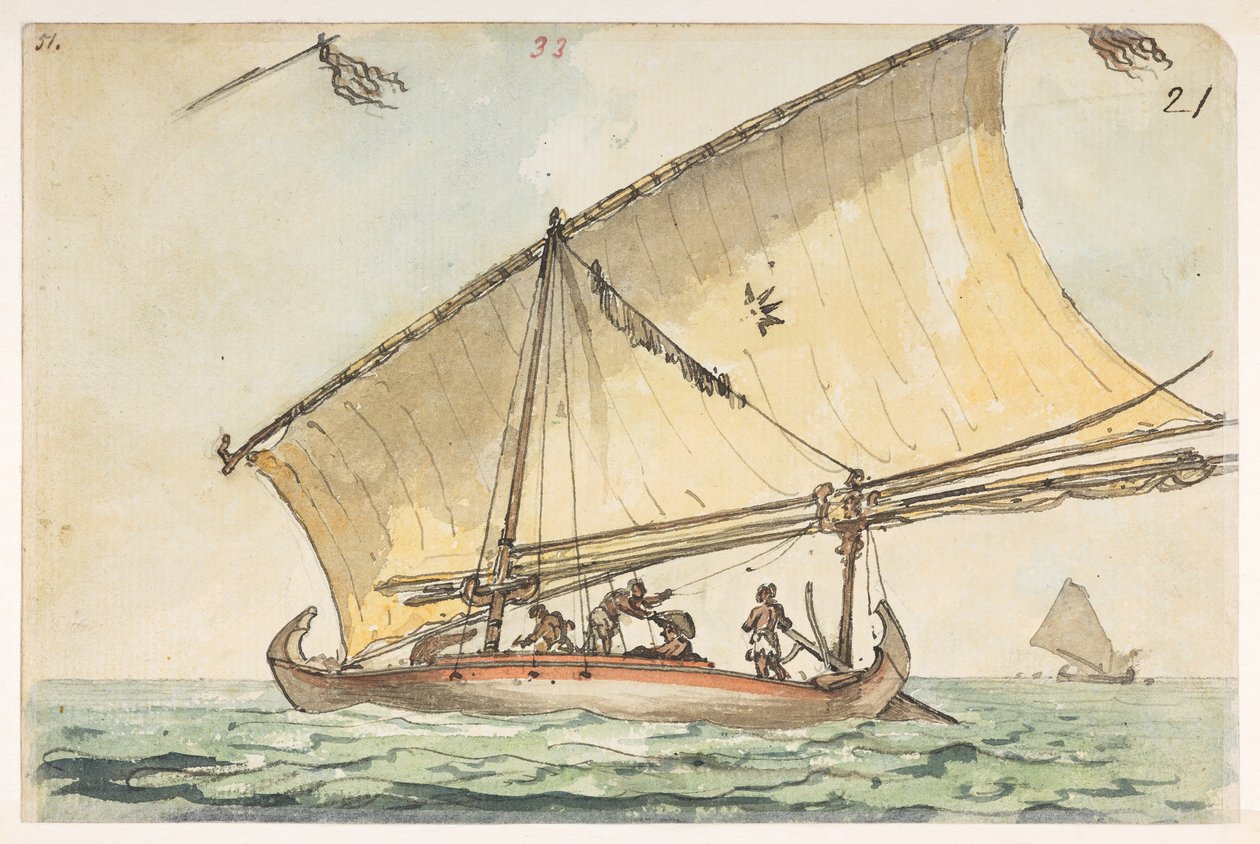33 Båt i Cochin Kina,  från ett album med 372 teckningar av landskap, kustlinjer, kostymer och vardagsliv gjorda under Lord Macartneys ambassad till Kinas kejsare, mellan 1792 och 1794 (penna och akvarell på papper) av William Alexander