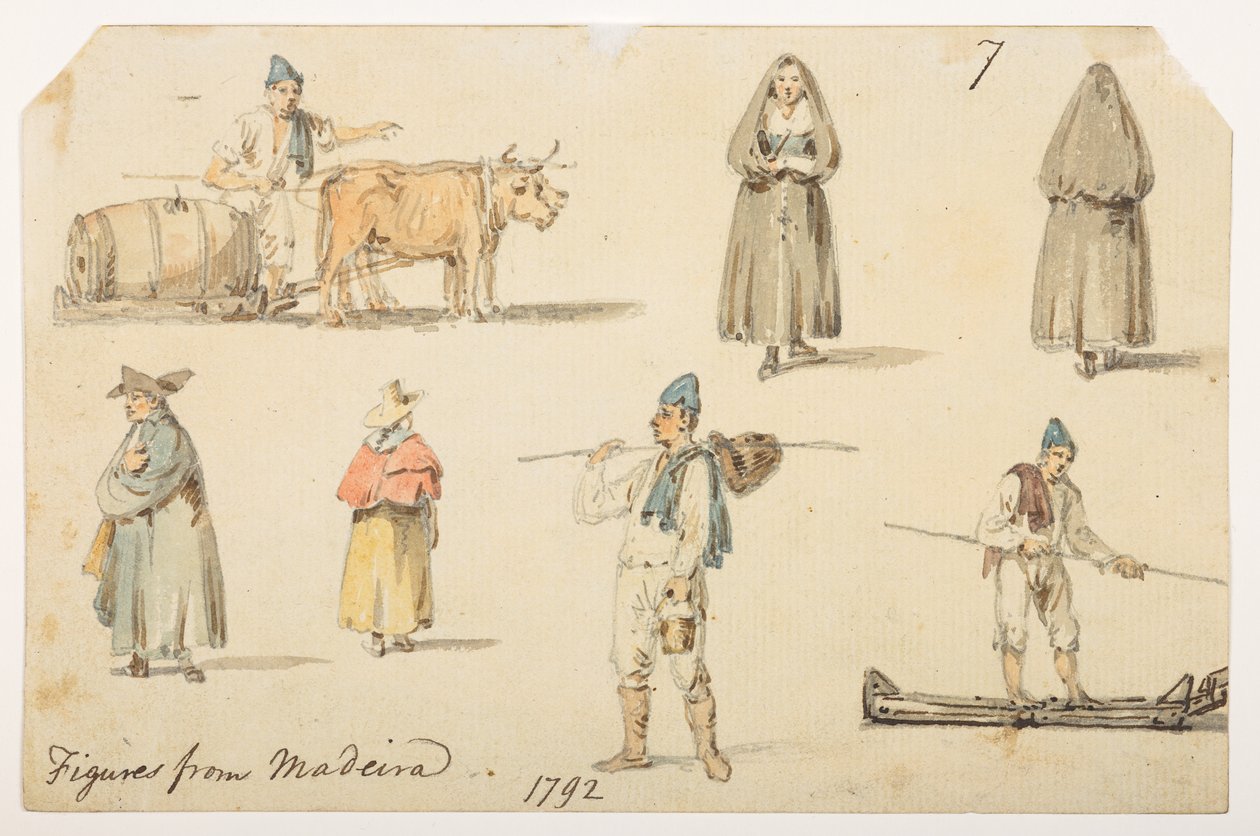 7’ figurer från Madiera. 1792.’  från ett album med 372 teckningar av landskap, kustlinjer, kostymer och vardagsliv gjorda under Lord Macartneys ambassad till Kinas kejsare, mellan 1792 och 1794 (penna och akvarell på papper) av William Alexander
