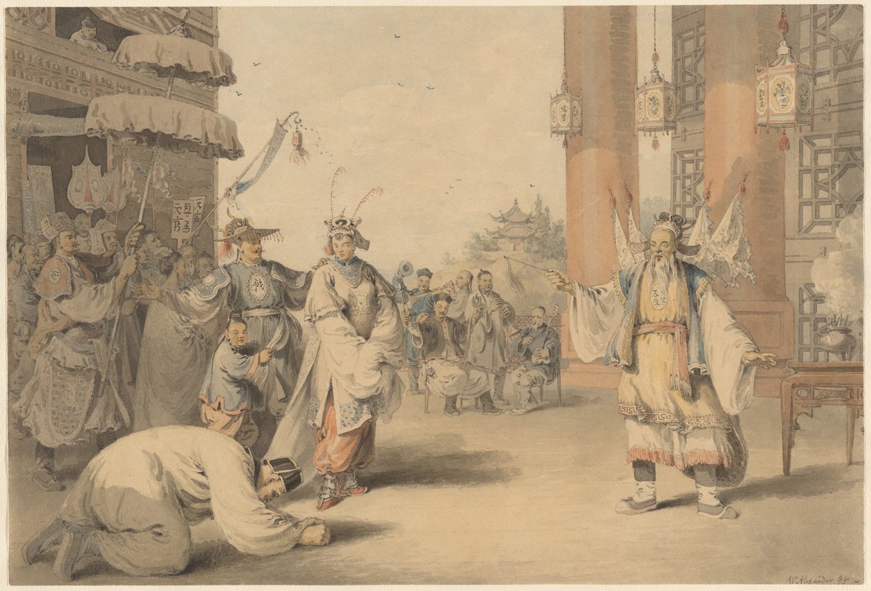 En scen ur ett historiskt skådespel uppfört på den kinesiska scenen av William Alexander