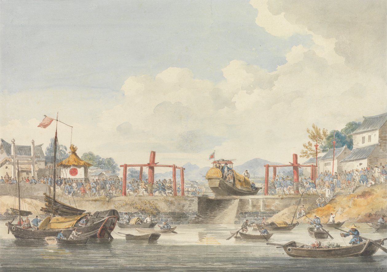 Ambassadens pråmar lyfts från en kanal till en annan på väg från Han-Tcheou-Foo till Tchu-San, 16 november 1793 av William Alexander