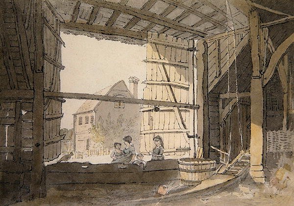Figurer i en ladadörr i Parsonage House, nära Addington, Kent (penna och akvarell på papper) av William Alexander