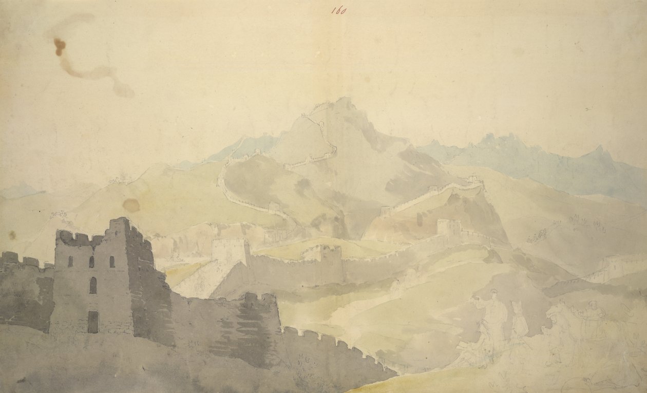 Kinesiska muren, från album med 220 teckningar, främst profiler av kustlinjer, kostymer och vardagsliv gjorda under Lord Macartneys ambassad till kejsaren av Kina, WD 961, f.60 av William Alexander