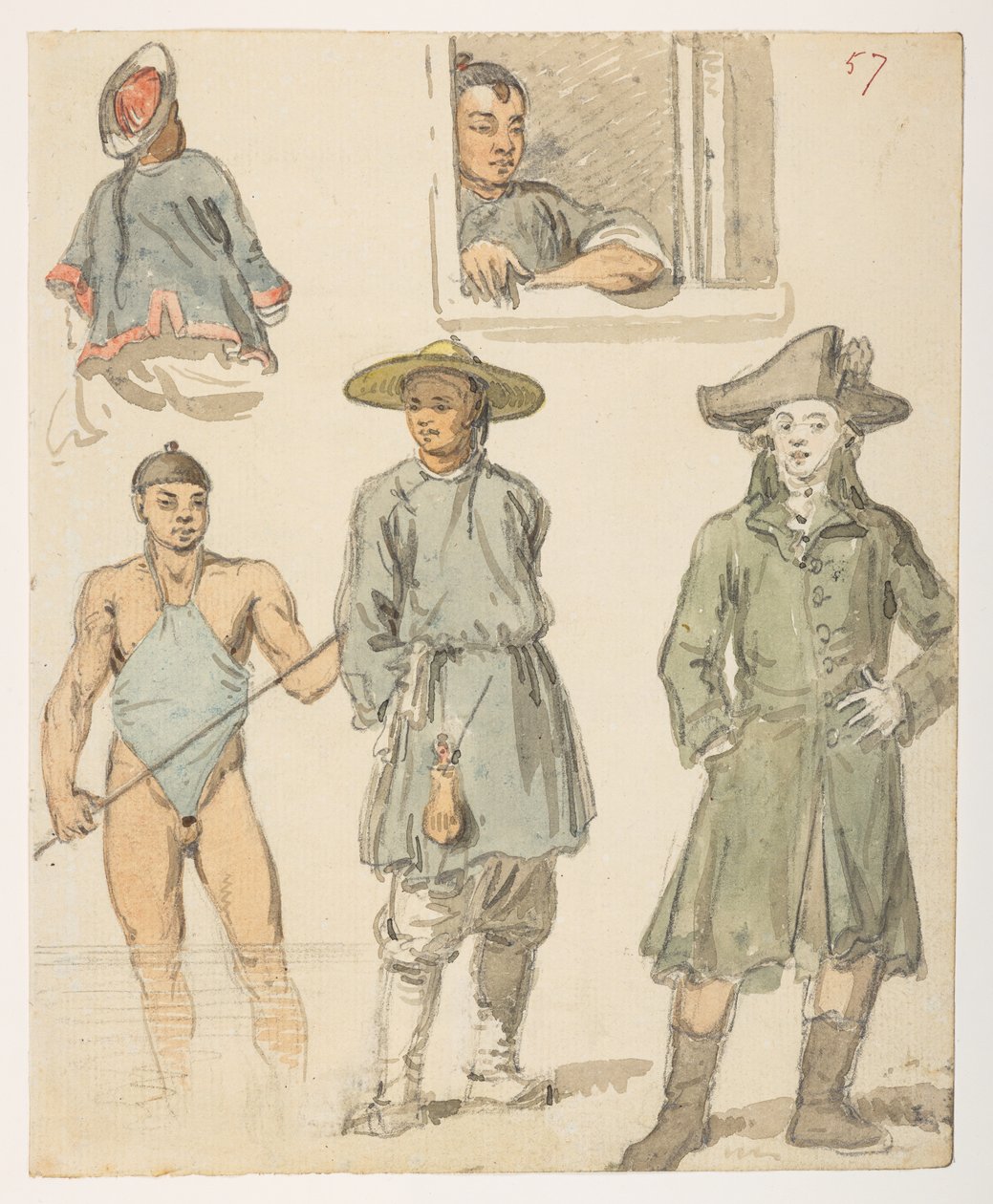 f.11 57 Studier av kinesiska,  från ett album med 372 teckningar av landskap, kustlinjer, kostymer och vardagsliv gjorda under Lord Macartneys ambassad till Kinas kejsare, mellan 1792 och 1794 (penna och akvarell på papper) av William Alexander