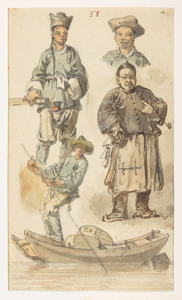 f.11 58 Studier av kinesiska,  från ett album med 372 teckningar av landskap, kustlinjer, kostymer och vardagsliv gjorda under Lord Macartneys ambassad till Kinas kejsare, mellan 1792 och 1794 (penna och akvarell på papper) av William Alexander