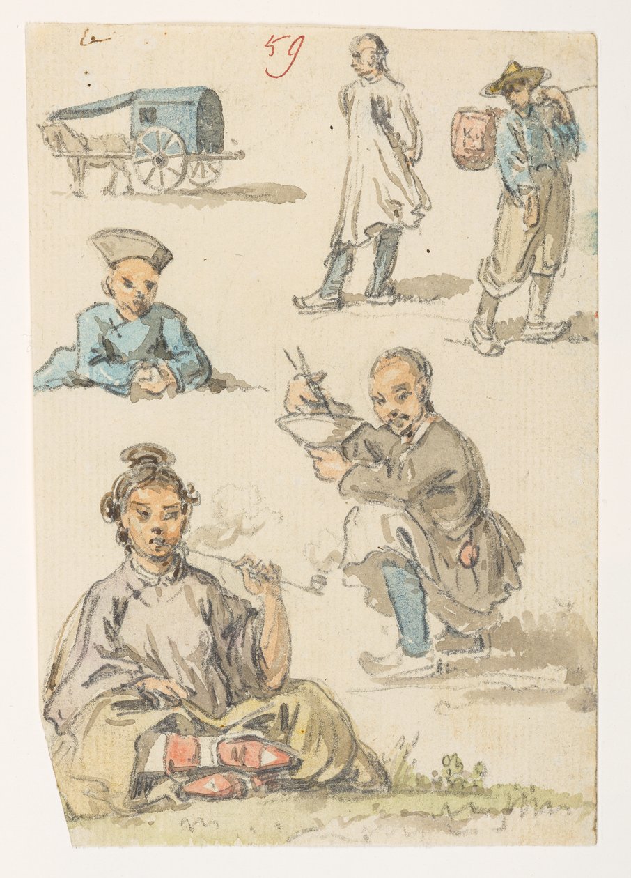 f.11 59 Studier av kinesiska,  från ett album med 372 teckningar av landskap, kustlinjer, kostymer och vardagsliv gjorda under Lord Macartneys ambassad till Kinas kejsare, mellan 1792 och 1794 (penna och akvarell på papper) av William Alexander