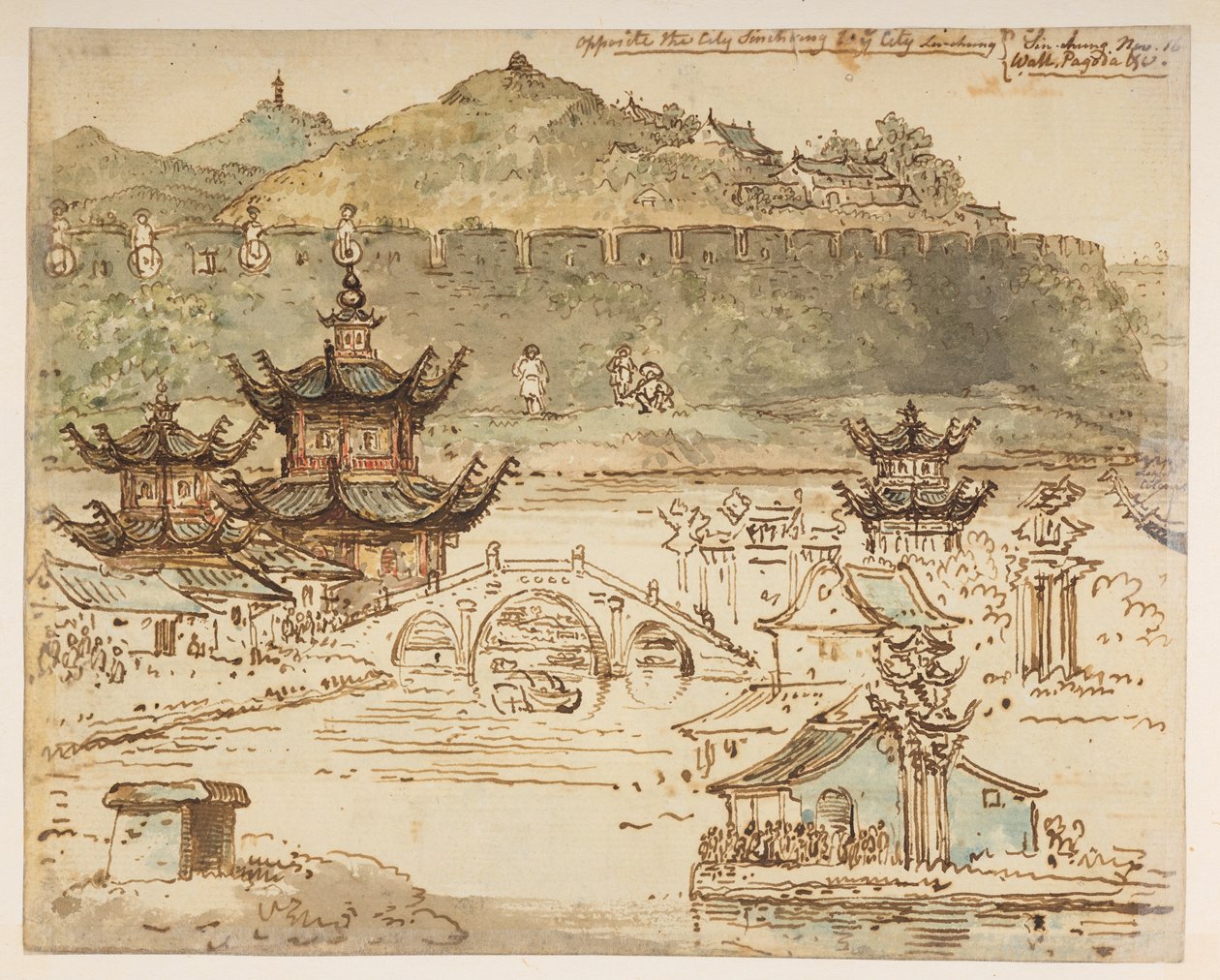 f.59 148v ‘Memot staden Shin-ring in ye City Liu-shung. Sin-chung nov 16. Wall, Pagoda etc.’, från ett album med 372 teckningar av landskap, kustlinjer, kostymer och vardagsliv gjorda under Lord Macartneys ambassad till kejsaren av Kina, mellan 179 av William Alexander
