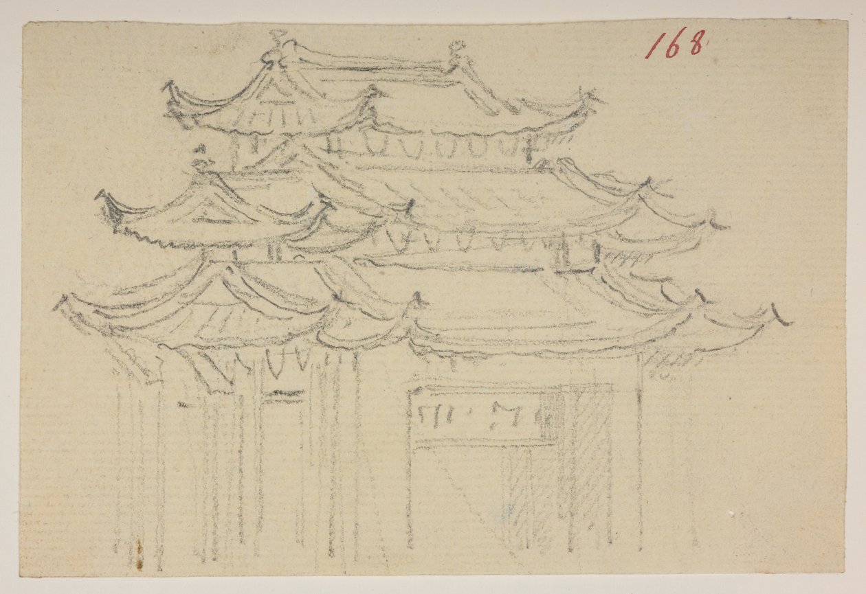 f.63 168 Tempel.  , från ett album med 372 teckningar av landskap, kustlinjer, kostymer och vardagsliv gjorda under Lord Macartneys ambassad till Kinas kejsare, mellan 1792 och 1794 (penna och akvarell på papper) av William Alexander
