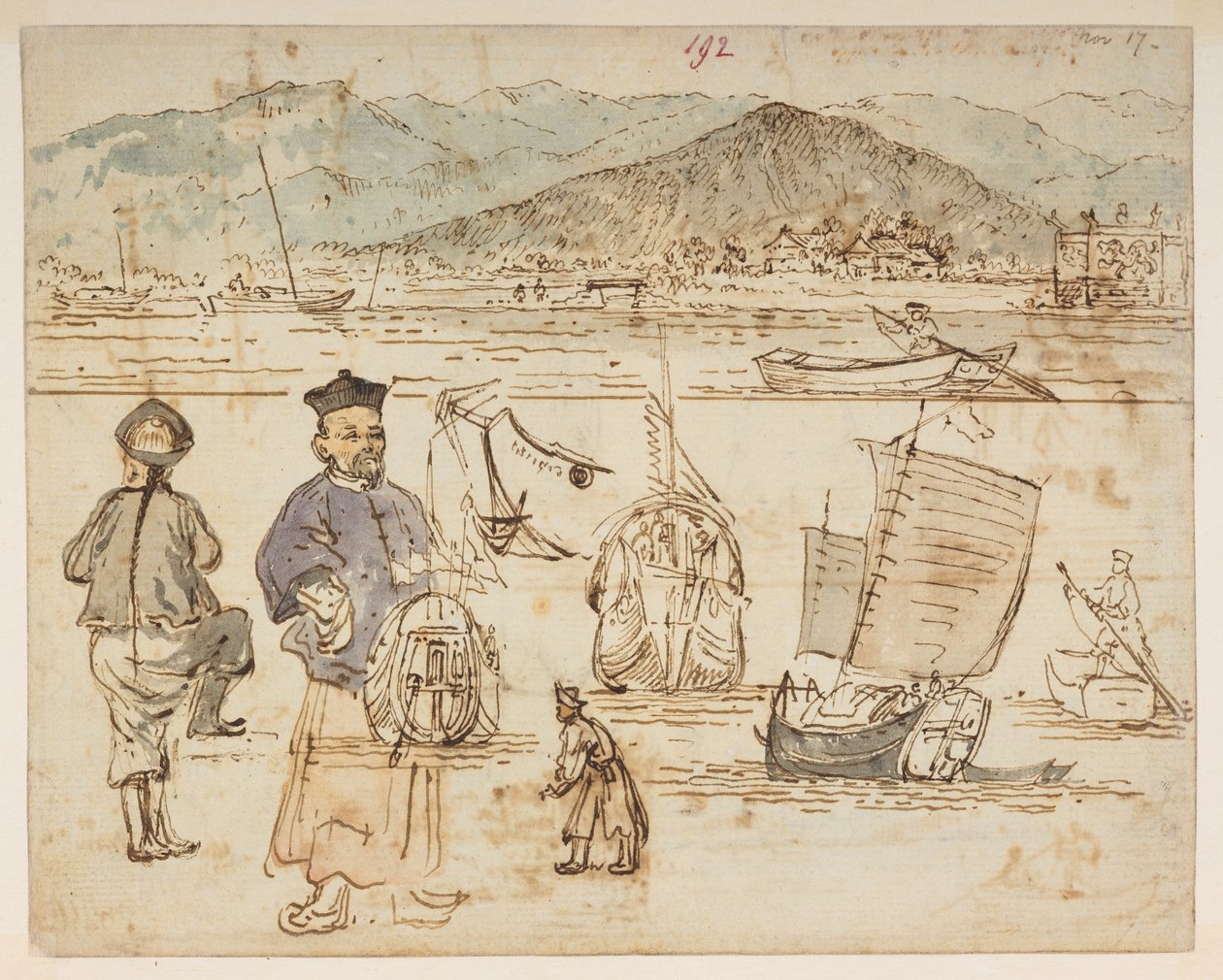 f.67 192 Figurstudier, med båtar ingående i 192.  , från ett album med 372 teckningar av landskap, kustlinjer, kostymer och vardagsliv gjorda under Lord Macartneys ambassad till Kinas kejsare, mellan 1792 och 1794 (penna och akvarell på papper) av William Alexander