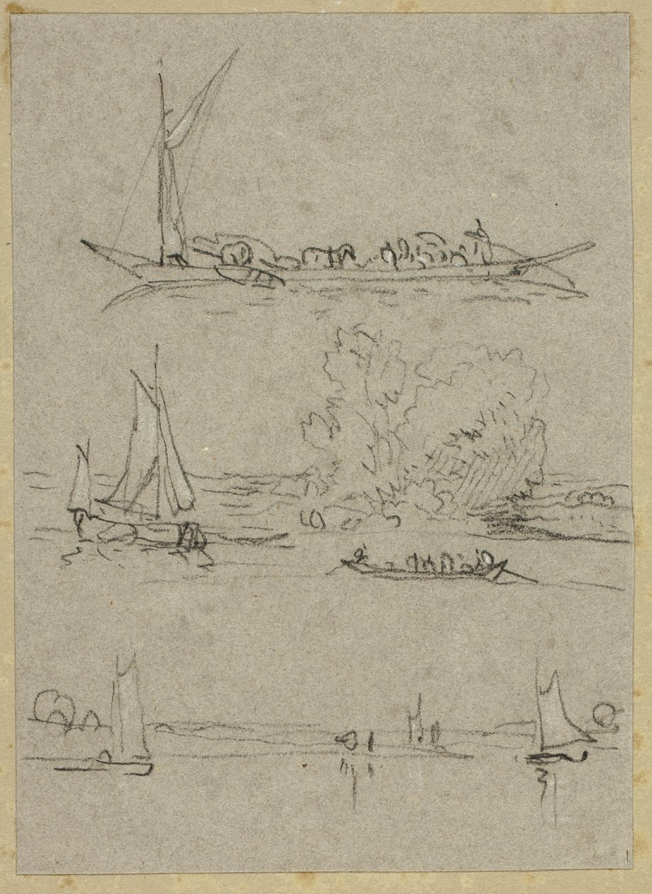 Tre skisser av Dusseldorf River Boats av William Alfred Delamotte
