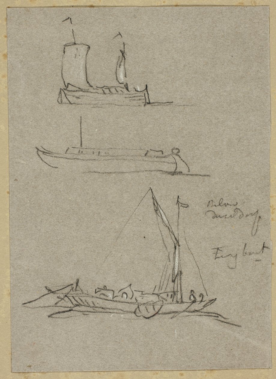 Tre skisser av Dusseldorf River Boats av William Alfred Delamotte