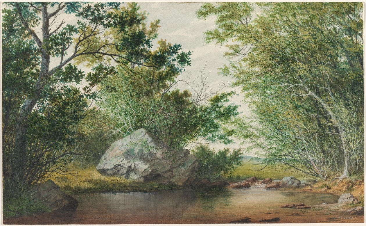 Landskap med trädbevuxen bäck och stenblock, ca. 1880-talet. av William Allen Wall