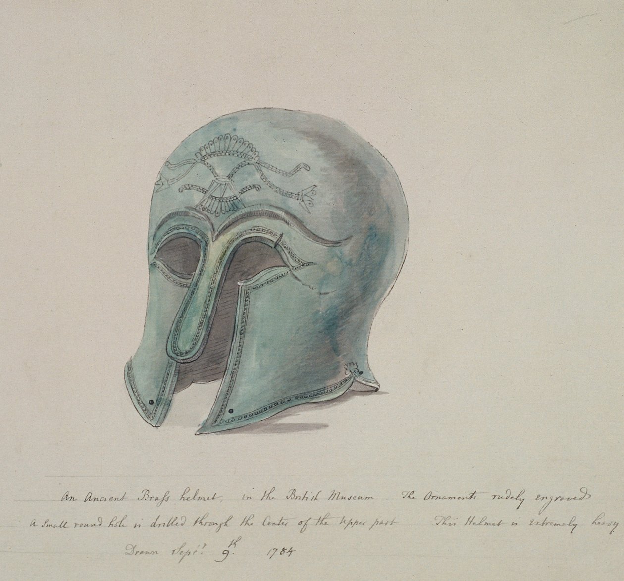 Gammal mässingshjälm från British Museum, Holborn, London, 1784 av William Angus