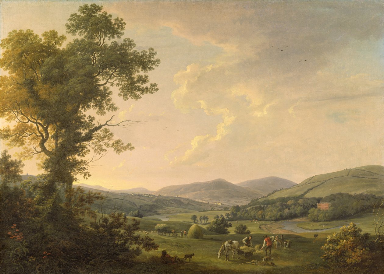Landskap med hömakare och en avlägsen vy av ett georgiskt hus, ca 1780 (olja på duk) av William Ashford