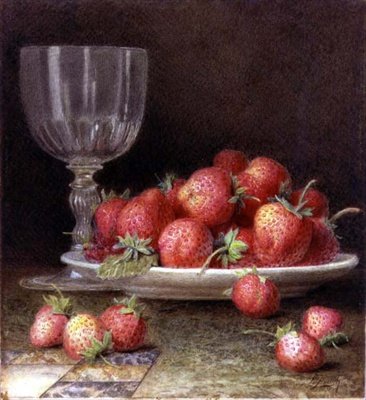Jordgubbar och ett glas (akvarell) av William B. Hough